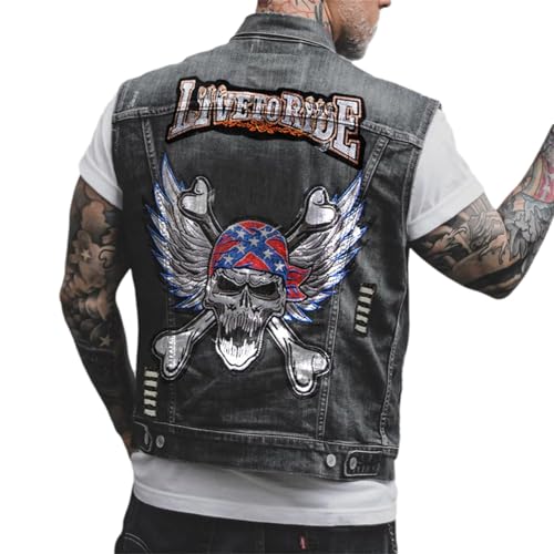 EGSDMNVSQ Jeansweste Herren Denim Weste Totenkopf Drucken Mode Freizeit Jeansmantel mit Knöpfen von EGSDMNVSQ