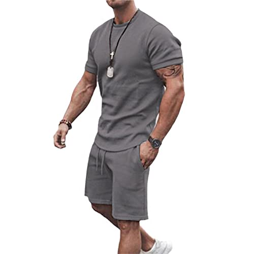 EGSDMNVSQ Jogginganzug Herren Kurz Sportanzug 2 Teiliges Trainingsanzug Sommer Outfit Set Rundhals Kurzarm T-Shirts Kurze Hose Einfarbig Fitness Freizeitanzug Sweatshirt von EGSDMNVSQ