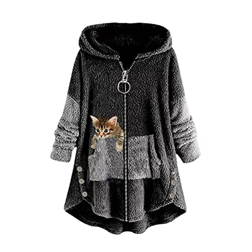 EGSDMNVSQ Kapuzenpullover Damen Hoodie Katze Druck Kuschelig Fleecepulli Warm Große Größen Winter Teddy Jacke Casual Plüsch Hoodie Cute Pullover Lang Sweatshirts Plüschjacke Plüschmantel Sweatjacke von EGSDMNVSQ