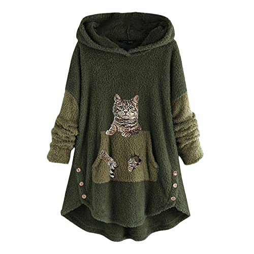 EGSDMNVSQ Kapuzenpullover Damen Hoodie Katze Druck Kuschelig Fleecepulli Warm Große Größen Winter Teddy Jacke Casual Plüsch Hoodie Cute Pullover Lang Sweatshirts Plüschjacke Plüschmantel Sweatjacke von EGSDMNVSQ