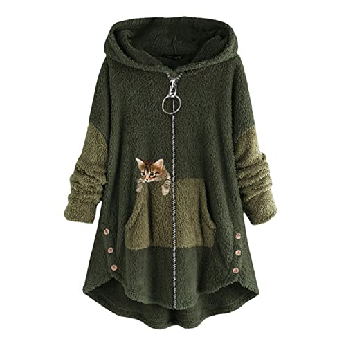 EGSDMNVSQ Kapuzenpullover Damen Hoodie Katze Druck Kuschelig Fleecepulli Warm Große Größen Winter Teddy Jacke Casual Plüsch Hoodie Cute Pullover Lang Sweatshirts Plüschjacke Plüschmantel Sweatjacke von EGSDMNVSQ