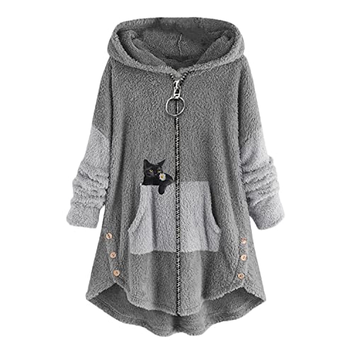 EGSDMNVSQ Kapuzenpullover Damen Hoodie Katze Druck Kuschelig Fleecepulli Warm Große Größen Winter Teddy Jacke Casual Plüsch Hoodie Cute Pullover Lang Sweatshirts Plüschjacke Plüschmantel Sweatjacke von EGSDMNVSQ