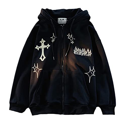 EGSDMNVSQ Kapuzenpullover für Damen Hooded Jacket Reißverschluss Oversized Hoodies Vintage Graphic Print Kapuzen Sweatshirt Mit Kapuze Gothic Zip Kapuzenjacke mit Taschen Harajuku Streetwear von EGSDMNVSQ