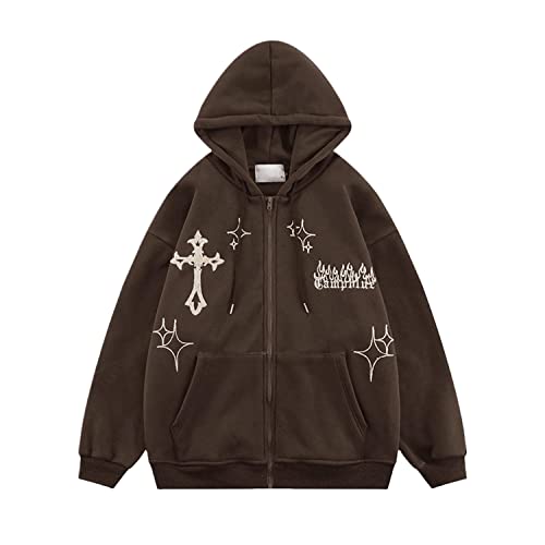 EGSDMNVSQ Kapuzenpullover für Damen Hooded Jacket Reißverschluss Oversized Hoodies Vintage Graphic Print Kapuzen Sweatshirt Mit Kapuze Gothic Zip Kapuzenjacke mit Taschen Harajuku Streetwear von EGSDMNVSQ