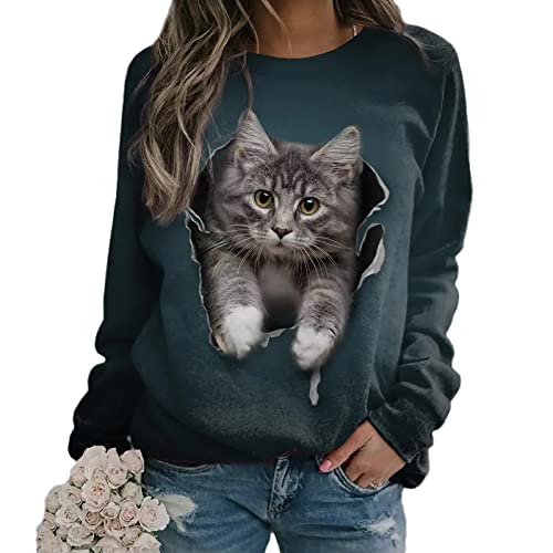 EGSDMNVSQ Katze Langarmshirt Süße Tier Drucken 3D Druck Katzen-Muster Gestreift Rundhals Lange Pulli Herbst Kapuzenpullover Tshirt Herbst Shirts Hemd Rundhals Pullover von EGSDMNVSQ