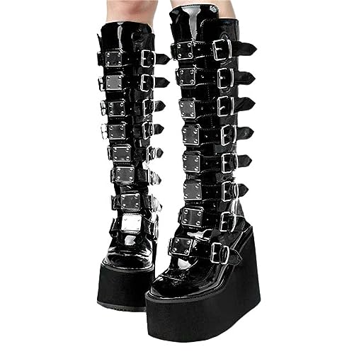 EGSDMNVSQ Kniehohe Stiefel Damen Gothic Punk Plateau Stiefel Keile Winterstiefel Zipper Wedges Schuhe Motorrad Stiefel Mittlere Wadenstiefel Flach Ritterstiefel von EGSDMNVSQ