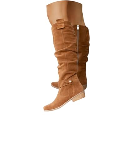 EGSDMNVSQ Kniestiefel Damen Wildleder Langschaftstiefel Warme Kniehohe Cowboystiefel Winterstiefel mit Reissverschluss Blockabsatz Stiefel mit Niedrigem Absatz Westernstiefel von EGSDMNVSQ