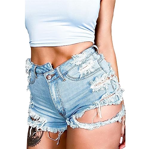 EGSDMNVSQ Kurze Jeans Damen Denim Shorts Y2K Sommer High Waist Sporthose Stretch Hotpants Mode Kurze Hose Zerrissene Roher Saum Shorts Party Clubwear von EGSDMNVSQ