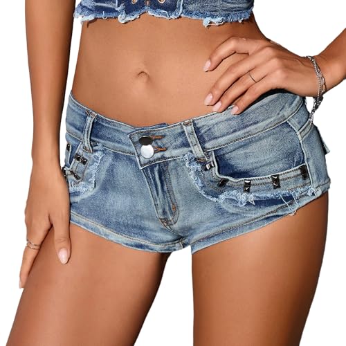 EGSDMNVSQ Kurze Jeans Damen Denim Shorts Y2K Sommer High Waist Sporthose Stretch Hotpants Mode Kurze Hose Zerrissene Roher Saum Shorts Party Clubwear von EGSDMNVSQ
