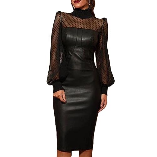 EGSDMNVSQ Lederkleider Damen Sexy Kleid V Ausschnitt Bleistiftkleid Ärmellos Leder Partykleid Cocktail Party Kleid Reißverschluss Leder Rock Stretch Fit Schlanke von EGSDMNVSQ