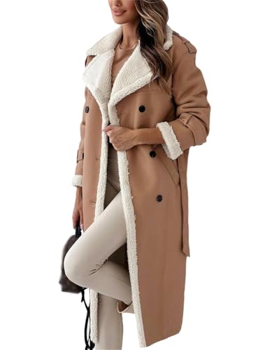 EGSDMNVSQ Mantel Damen Winterjacke Lang Warm Jacke Wollmantel Plüsch Jacke Fleece Steppmantel Kunstlederjacke Übergangsjacke Herbst Winter Langarm Lose Mantel von EGSDMNVSQ