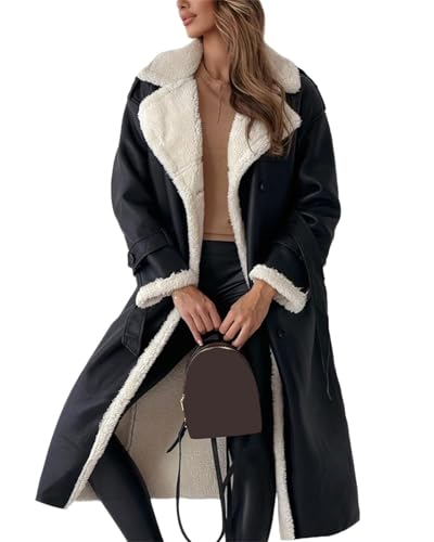 EGSDMNVSQ Mantel Damen Winterjacke Lang Warm Jacke Wollmantel Plüsch Jacke Fleece Steppmantel Kunstlederjacke Übergangsjacke Herbst Winter Langarm Lose Mantel von EGSDMNVSQ
