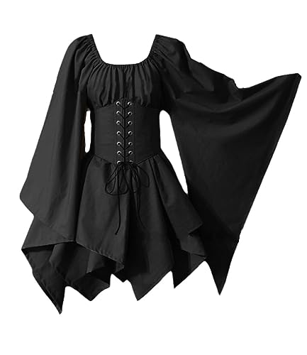 EGSDMNVSQ Mittelalter Kleid Damen Retro Kleid Trompetenärmel Gothic Kleid Halloween Cosplay Kostüm Ballkleider Schnürung Corsagenkleid Karneval Party Halloween Kostüm von EGSDMNVSQ