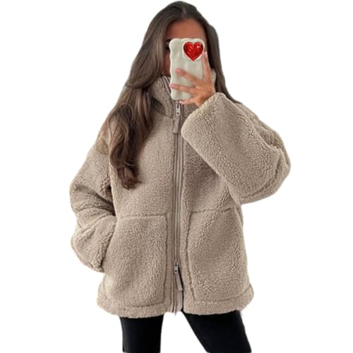 EGSDMNVSQ Mode Teddyjacke Damen Stehkragen Winterjacke Fleecejacke Warme Teddyfleece Sweatjacke Plüschjacke Freizeit Wintermantel mit Taschen von EGSDMNVSQ