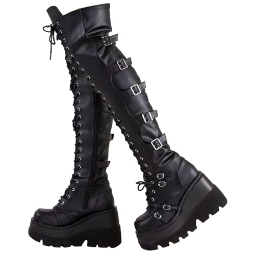 EGSDMNVSQ Damen Overkneestiefel Winter Schwarz Gothic Punk Schnürstiefel Reißverschluss Kniehohe Stiefel Lange Stiefel mit Blockabsatz Langschaftstiefel von EGSDMNVSQ