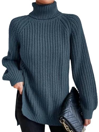 EGSDMNVSQ Pullover Damen Gerippter Rollkragenpullover Langarm Rollkragen Dicker Strick Häkelpullover Lässige Lose Pullover Sweater Stretch Warmer Winter Knit Tops von EGSDMNVSQ