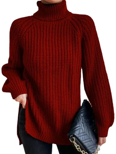 EGSDMNVSQ Pullover Damen Gerippter Rollkragenpullover Langarm Rollkragen Dicker Strick Häkelpullover Lässige Lose Pullover Sweater Stretch Warmer Winter Knit Tops von EGSDMNVSQ