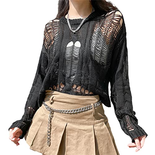 EGSDMNVSQ Pullover Damen Y2K Crop Top Langarm Stricken Pulli Rundkragen Cut Outs Shirts Gehäkelter Hollow Out Oberteile 90er Streetwear von EGSDMNVSQ