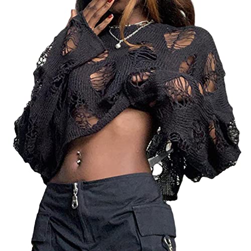 EGSDMNVSQ Pullover Damen Y2K Crop Top Langarm Stricken Pulli Rundkragen Cut Outs Shirts Gehäkelter Hollow Out Oberteile 90er Streetwear von EGSDMNVSQ