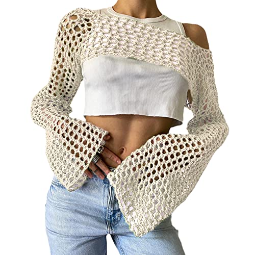 EGSDMNVSQ Pullover Damen Y2K Crop Top Langarm Stricken Pulli Rundkragen Cut Outs Shirts Gehäkelter Hollow Out Oberteile 90er Streetwear von EGSDMNVSQ