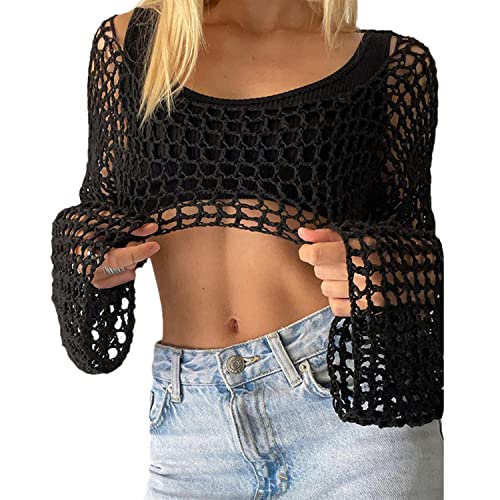 EGSDMNVSQ Pullover Damen Y2K Crop Top Langarm Stricken Pulli Rundkragen Cut Outs Shirts Gehäkelter Hollow Out Oberteile 90er Streetwear von EGSDMNVSQ