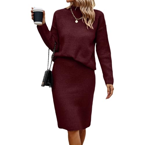 EGSDMNVSQ Pullover Zweiteiliger Damen Strickrock Set Rippenstrick Oberteil 2 Stück Röcke Outfits Bodycon Midi Rock Lange Ärmel Strickpullover Set Freizeitanzug Herbst Winter von EGSDMNVSQ