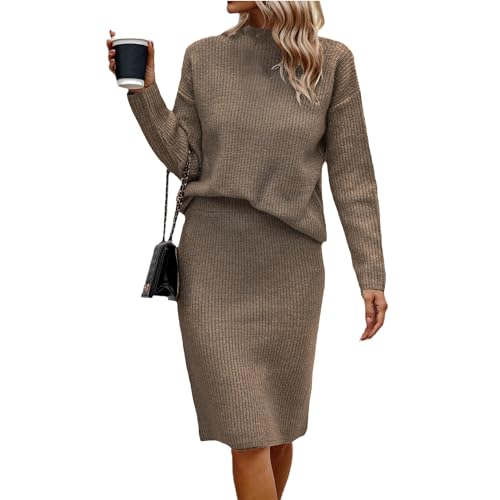 EGSDMNVSQ Pullover Zweiteiliger Damen Strickrock Set Rippenstrick Oberteil 2 Stück Röcke Outfits Bodycon Midi Rock Lange Ärmel Strickpullover Set Freizeitanzug Herbst Winter von EGSDMNVSQ