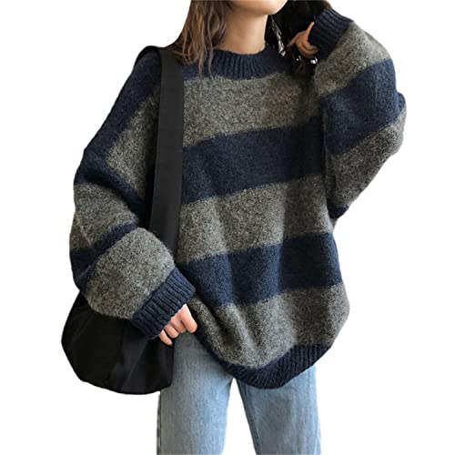 EGSDMNVSQ Pullover für Damen Strickpullover Oversize Rundhals Langarm Gestreifte College Strickpulli Teenager Mädchen Pullover Retro Winter Mode Pullover Oberteile Tops von EGSDMNVSQ