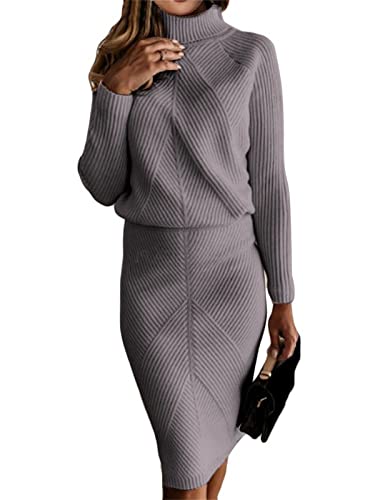 EGSDMNVSQ Pulloverkleid Damen Strickkleid Zweiteiliger Anzug Strickpullover Oberteil und Midi Strickrock Bodycon 2 Stück Set Midikleid Rundhals von EGSDMNVSQ