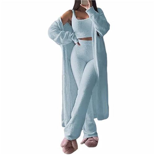 EGSDMNVSQ Pyjamas Damen Schlafanzug Strickanzug 3 teiliges Set Lounge Jogginganzug Sweatsuit Einfarbig Elegant Gestrickt Loungewear Plüschjacke + Tank Top + Pants von EGSDMNVSQ