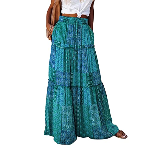 EGSDMNVSQ Rock Damen Maxirock Lang Boho Plisseerock Blumendruck Maxi Skirt Mit Taschen Vintage Hohe Taille Strandkleider Sommer Elastische Taille Freizeitrock von EGSDMNVSQ