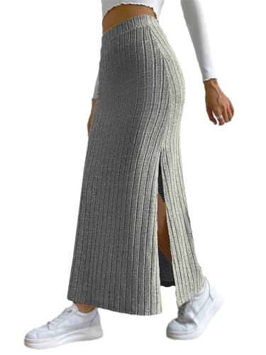 EGSDMNVSQ Rock Damen Schlitz Maxirock Hohe Taille Casual Strickrock Schlanke A-Linie Geraffte Einfarbige Lange Röcke Elegant Rock Mit Schlitz Bleistiftrock Herbstrock mit Elasticher Bund von EGSDMNVSQ
