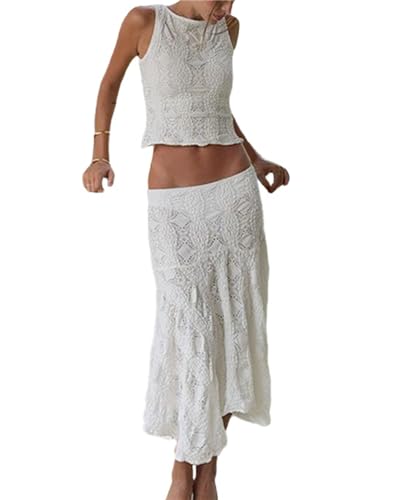 EGSDMNVSQ Röcke für Damen Elegant Maxirock 2 Stück Rock Set Spitze Crop Tops mit Hoher Taille Bodycon Minirock Rock Set Y2K 90S Streetwear von EGSDMNVSQ