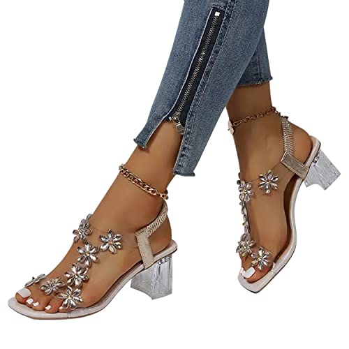 EGSDMNVSQ Sandalen Damen Blockabsatz High Heels Sandalen Klare Schuhe Mode Sommer Boho Strass Sandalen Blockabsatz Peep Toe Sandalen Casual Outdoor Strandschuhe von EGSDMNVSQ