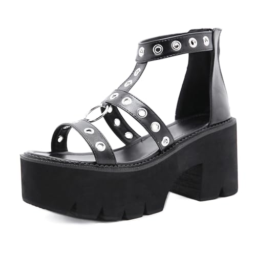 EGSDMNVSQ Sandalen Damen Blockabsatz Plateau Sandalen High Heels mit Riemchen Peeptoe Sandaletten Römischen Gothic Plattform Sandalen Punk Sandalen Sommer Schuhe Casual von EGSDMNVSQ