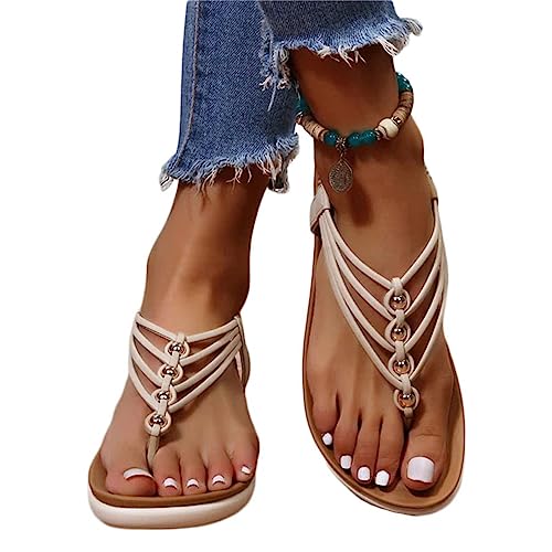 EGSDMNVSQ Sandalen Damen Sandaletten Mode Perlen Strandsandalen Elegante Lässige Slipper Boho Römische Schuhe Open Toe Flache Flip Flops Pantoletten SommerSchuhe von EGSDMNVSQ