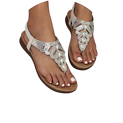 EGSDMNVSQ Sandalen Damen Sommer Flip Flops Boho Flache Sandaletten mit Strass Vintage Römersandalen Elegante Sommerschuhe Freizeit Zehentrenner von EGSDMNVSQ