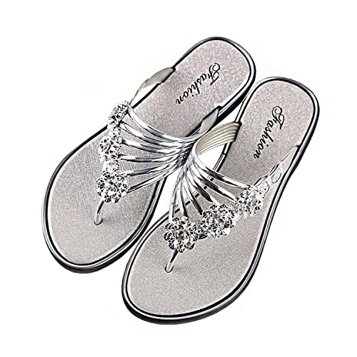 EGSDMNVSQ Sandalen Damen Sommer Schlappen Flip Flop mit Strass Bequem Flache Schuhe Peep Toe Römersandalen Strandsandalen Elegant Slippers Lässige Hausschuhe von EGSDMNVSQ