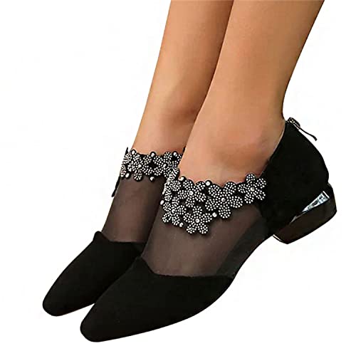 EGSDMNVSQ Sandalen Damen Sommerstiefel Spitze Blockabsatz Damenschuhe Blumenmuster Mesh Hohle Freizeitschuhe Wandersandalen mit Reißverschluss Arbeitsschuhe Party Elegant Sandalette von EGSDMNVSQ