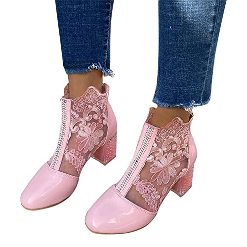 EGSDMNVSQ Sandalen Damen Spitze Pumps Schuhe Blockabsatz Stiefeletten Runder Spitze Blumenmuster Mesh Hohle Tüll Strass Sommerstiefel Reißverschluss Freizeit Atmungsaktiv Schuh von EGSDMNVSQ