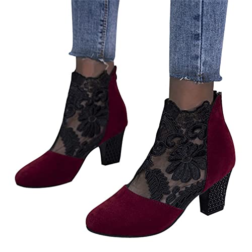 EGSDMNVSQ Sandalen Damen Spitze Pumps Schuhe Blockabsatz Stiefeletten Runder Spitze Blumenmuster Mesh Hohle Tüll Strass Sommerstiefel Reißverschluss Freizeit Atmungsaktiv Schuh von EGSDMNVSQ