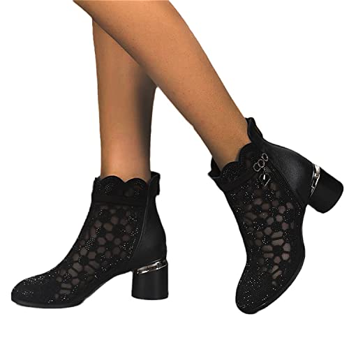 EGSDMNVSQ Sandalen Damen Spitze Pumps Schuhe Blockabsatz Stiefeletten Runder Spitze Blumenmuster Mesh Hohle Tüll Strass Sommerstiefel Reißverschluss Freizeit Atmungsaktiv Schuh von EGSDMNVSQ