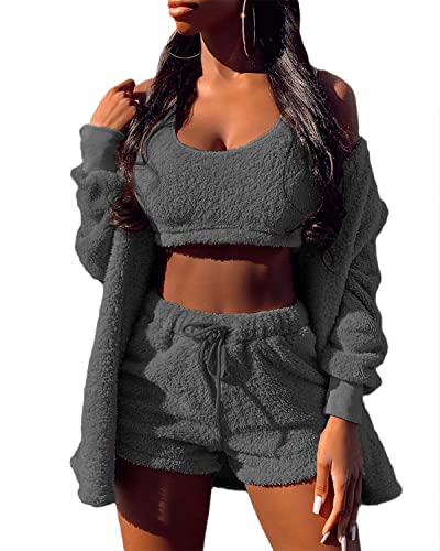 EGSDMNVSQ Schlafanzüge für Damen Mädchen Sets Nachtwäsche Dreiteilig Ensembles de Pyjama Warm Coral Fleece Samt Kapuzenpullover Jacke Crop Tank Top und Shorts von EGSDMNVSQ