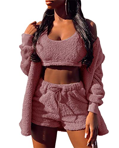 EGSDMNVSQ Schlafanzüge für Damen Mädchen Sets Nachtwäsche Dreiteilig Ensembles de Pyjama Warm Coral Fleece Samt Kapuzenpullover Jacke Crop Tank Top und Shorts von EGSDMNVSQ