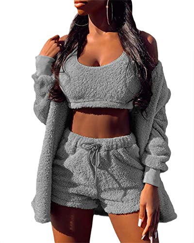 EGSDMNVSQ Schlafanzüge für Damen Mädchen Sets Nachtwäsche Dreiteilig Ensembles de Pyjama Warm Coral Fleece Samt Kapuzenpullover Jacke Crop Tank Top und Shorts von EGSDMNVSQ