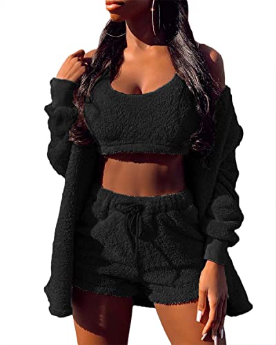 EGSDMNVSQ Schlafanzüge für Damen Mädchen Sets Nachtwäsche Dreiteilig Ensembles de Pyjama Warm Coral Fleece Samt Kapuzenpullover Jacke Crop Tank Top und Shorts von EGSDMNVSQ