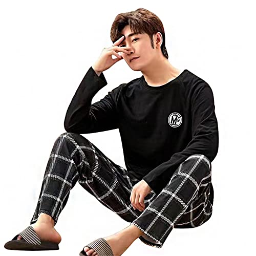 EGSDMNVSQ Schlafanzug Herren Lang Pyjama Set Zweiteiler Nachtwäsche Rundhals Langarm Oberteil und Hose Pyjamahose Prägnant Cacual Gemütlich Shirt von EGSDMNVSQ