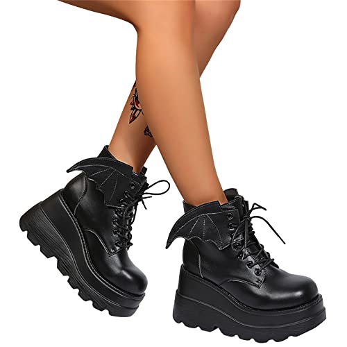 EGSDMNVSQ Schnürschuh Damen Lackleder Chunky Schuhe Blockabsatz Plaftorm Gotisch Stiefeletten Punk Gothic Plateau Ankle Boots High Heels Mit Flügeln von EGSDMNVSQ