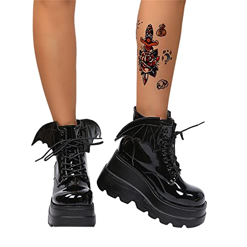 EGSDMNVSQ Schnürschuh Damen Lackleder Chunky Schuhe Blockabsatz Plaftorm Gotisch Stiefeletten Punk Gothic Plateau Ankle Boots High Heels Mit Flügeln von EGSDMNVSQ