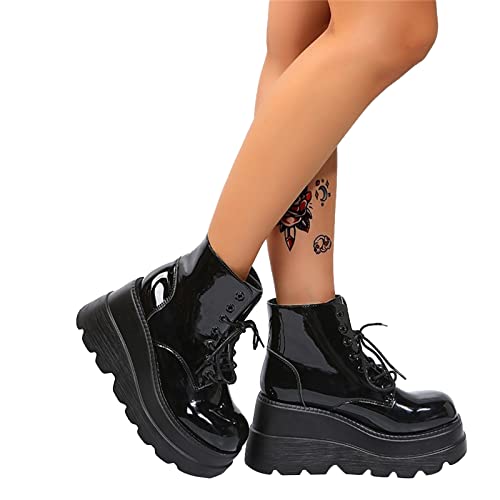 EGSDMNVSQ Schnürschuh Damen Lackleder Chunky Schuhe Blockabsatz Plaftorm Gotisch Stiefeletten Punk Gothic Plateau Ankle Boots High Heels Mit Flügeln von EGSDMNVSQ